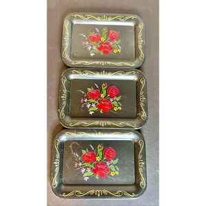 3 Vintage Trinket Trays Metal Black Floral Vanity Small Set Roses